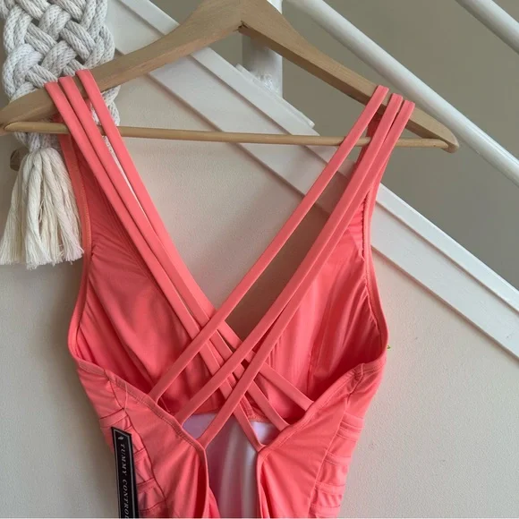 NWT La Blanca Island Goddess Criss Cross Back Strap One Piece Swim Orange Sz 14